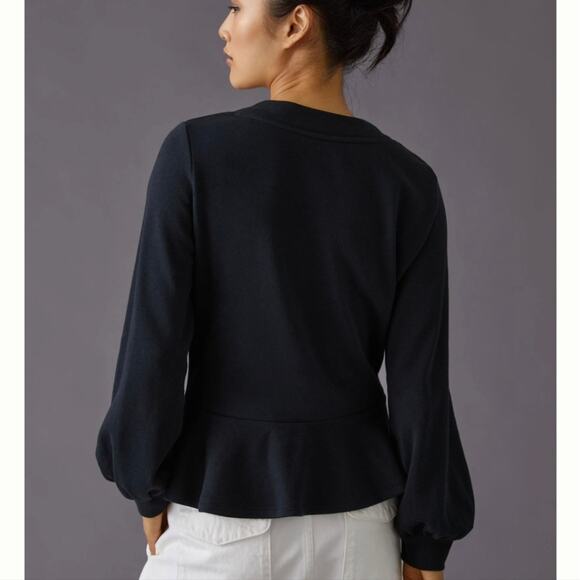 Maeve Anthropologie Black V-Neck Sweatshirt With Peplum | Size XS - Picture 2 of 7